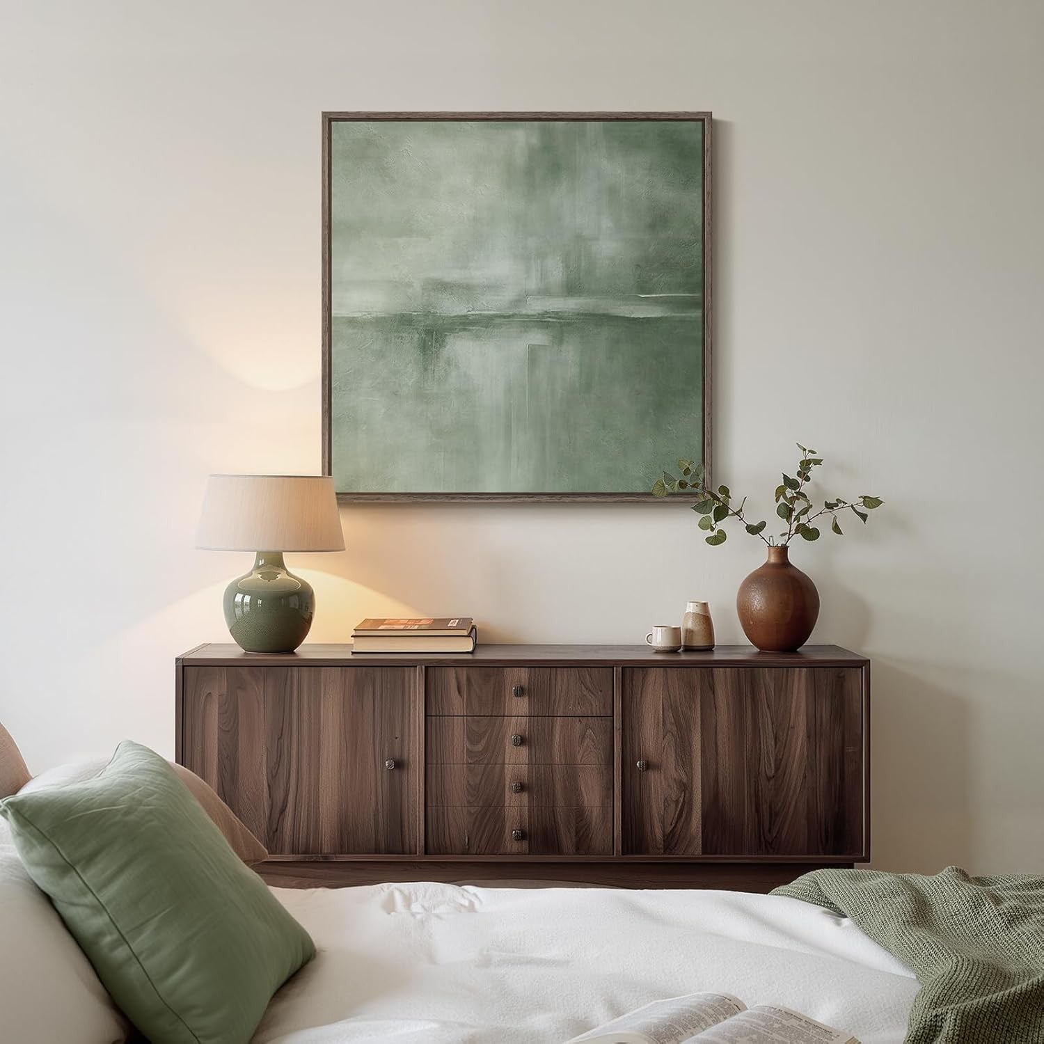 Framed Sage Green Abstract Wall Art 30x30in Modern Canvas Print