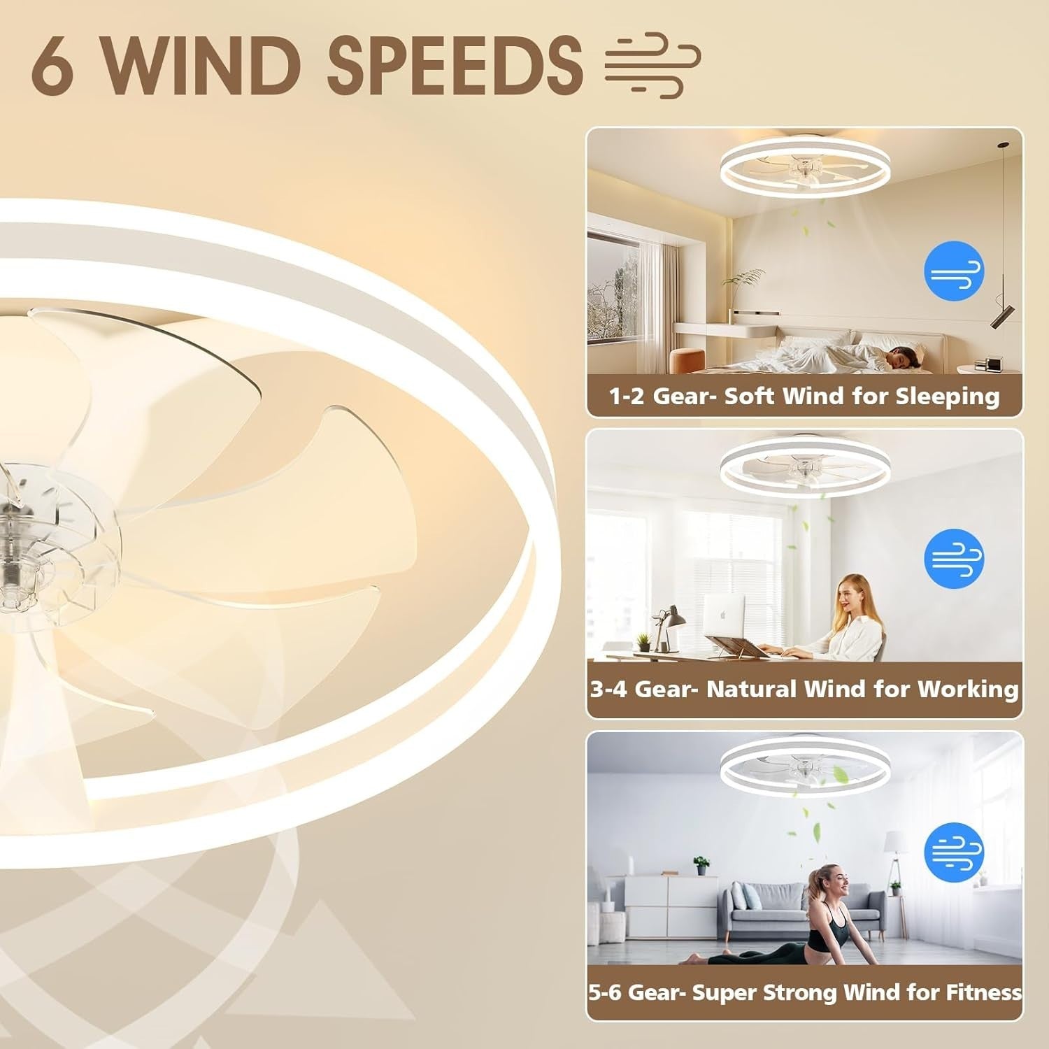 60cm LED Ceiling Fan Light with Remote, 6 Speeds, Quiet, Dimmable, Modern