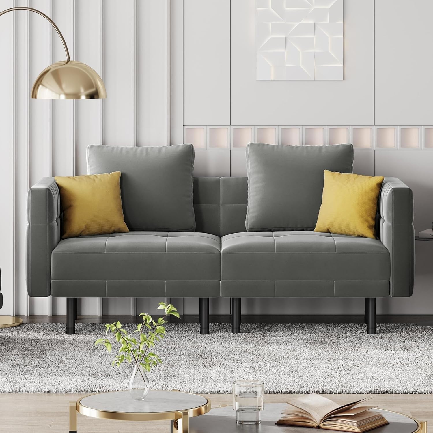 Luxury Grey Velvet Sofa Bed 2 Seater Futon Couch + Pillows Sleeper