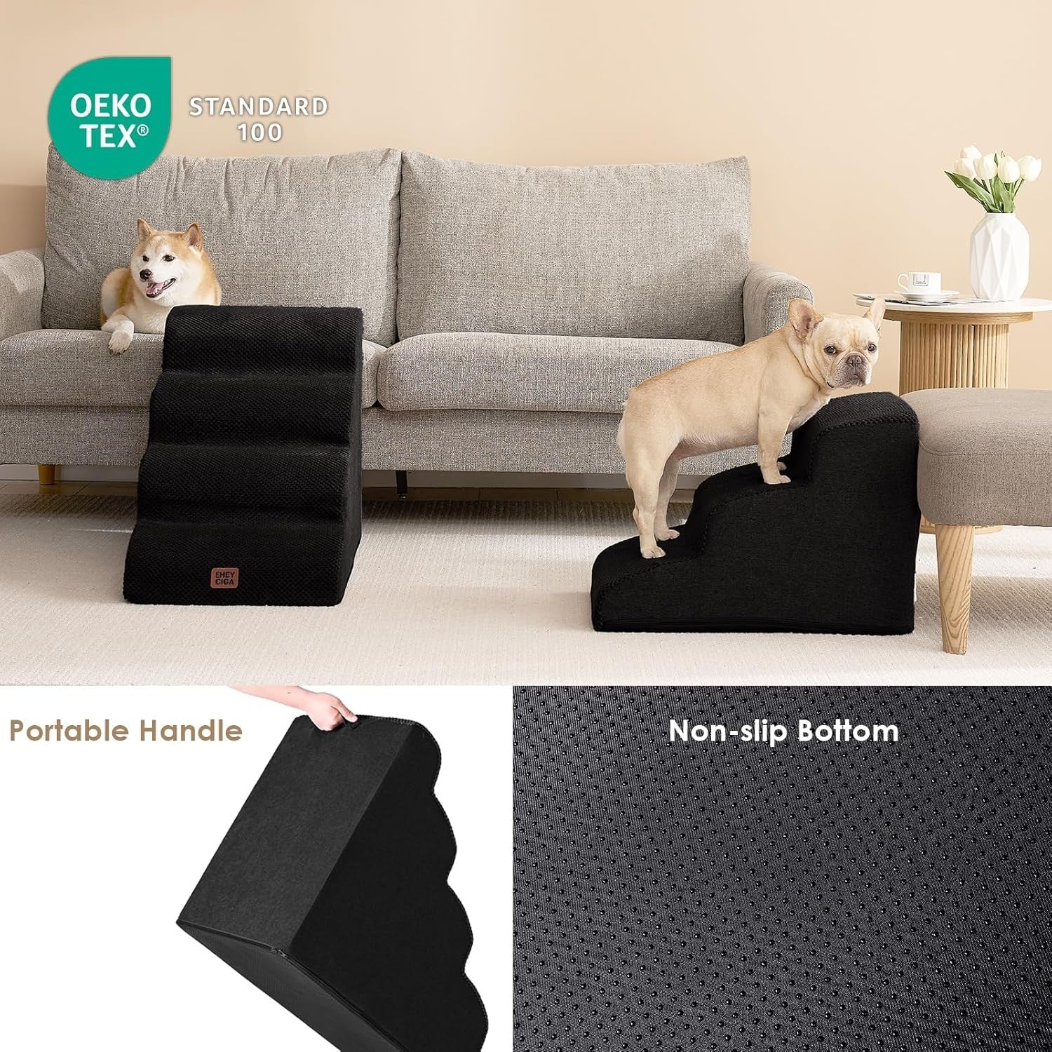 3 Step Dog Stairs for Bed Sofa Non Slip Foam Pet Steps Washable Black