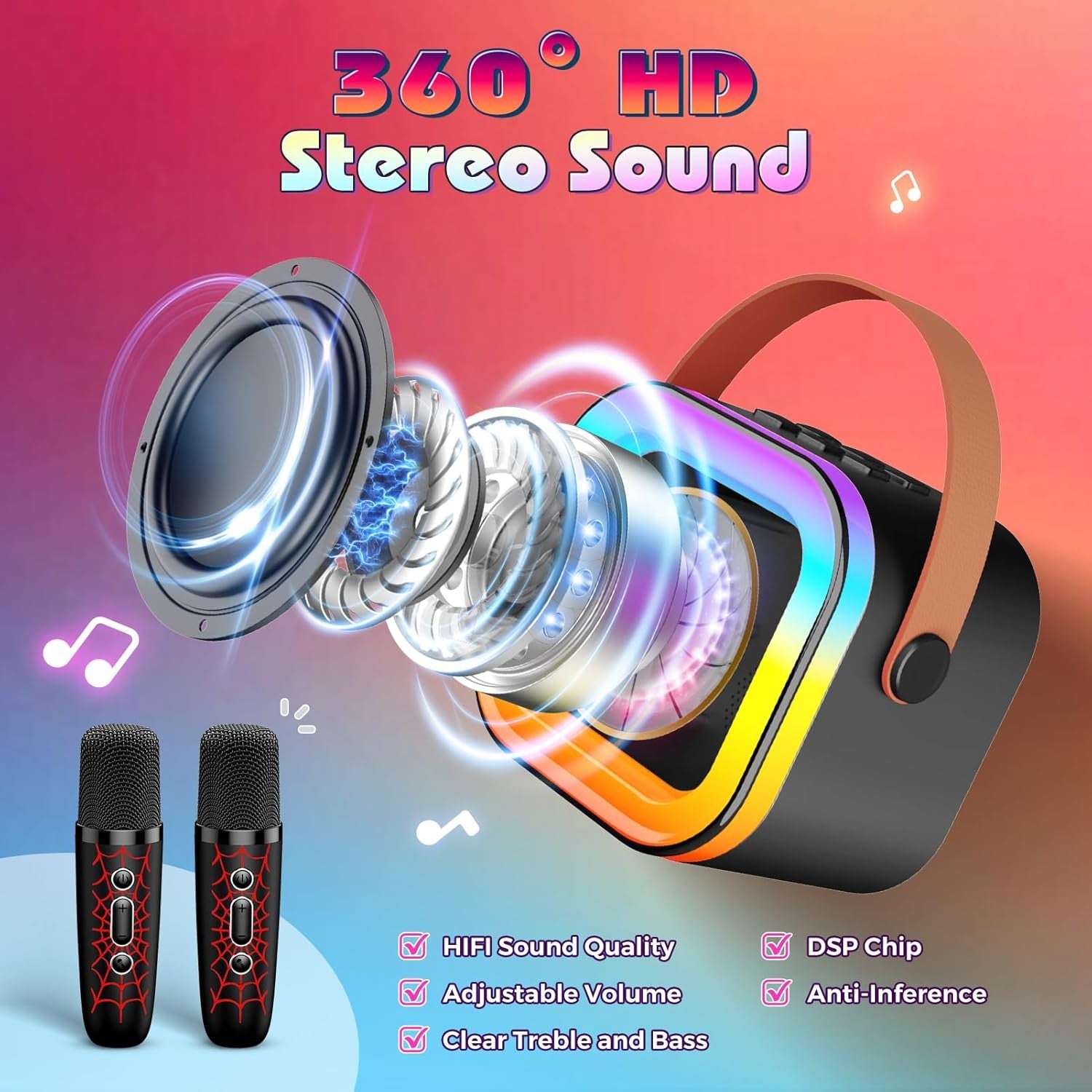 Kids Karaoke Machine 2 Wireless Mics Bluetooth