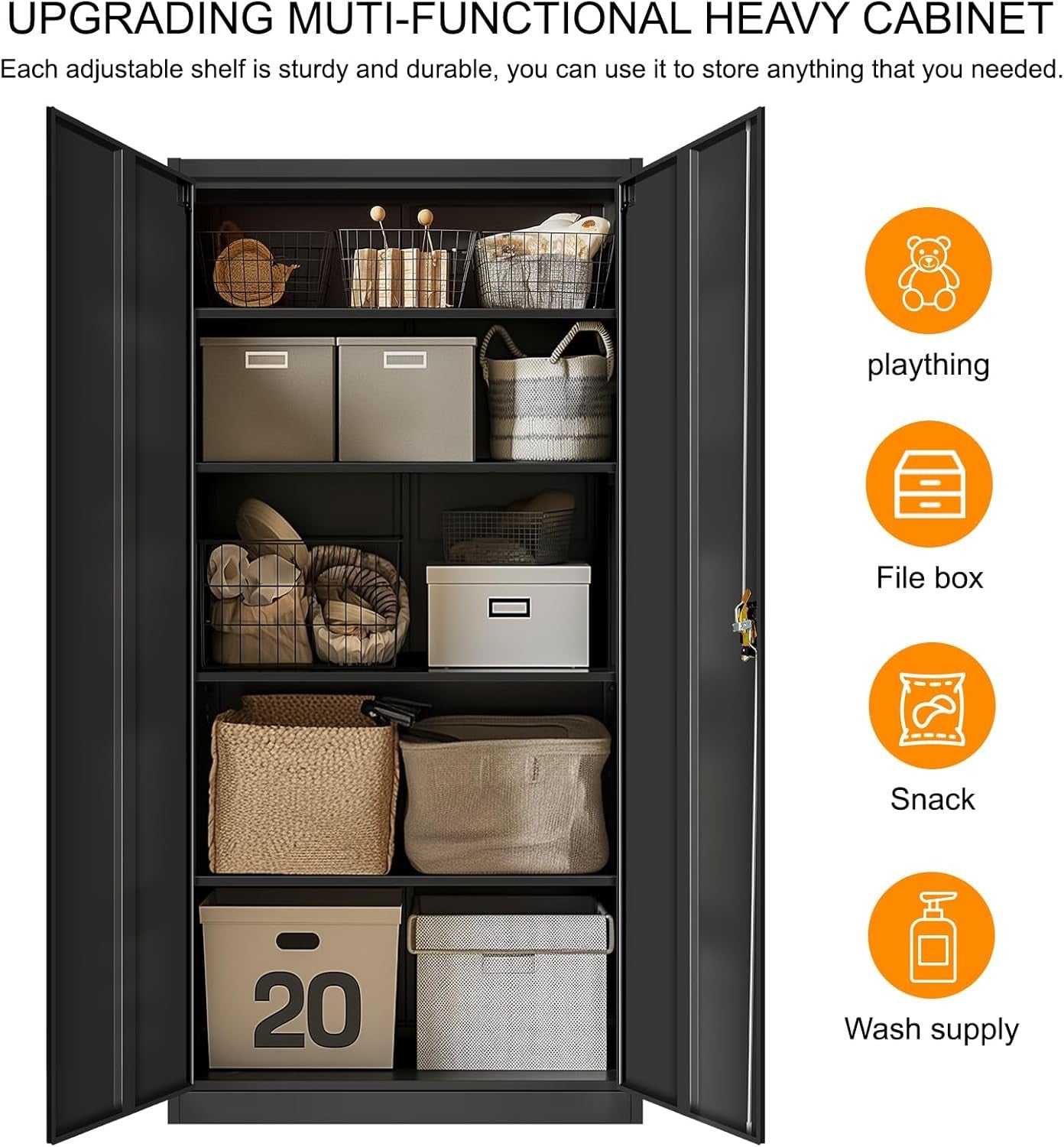 Tall Metal Storage Cabinet Black 2 Door 4 Shelf Lockable Steel Cupboard 185cm