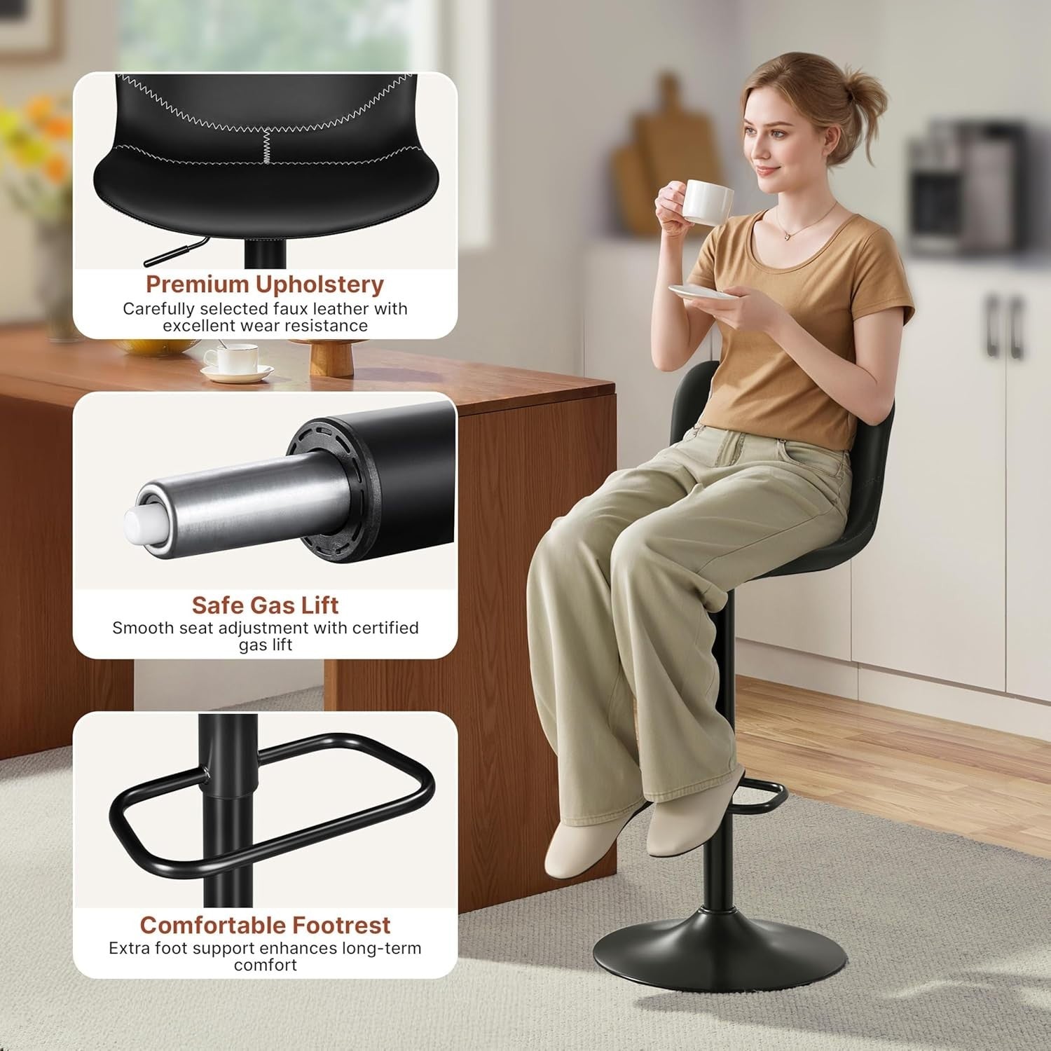 Adjustable Swivel Bar Stools Set of 2 PU Leather Counter Height Black