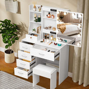 White Vanity Dressing Table w/ LED Mirror 6 Drawers Stool Makeup Desk