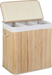 Natural Bamboo Laundry Basket 3-Compartment Sorter with Lid | Folding 62cm Hampe