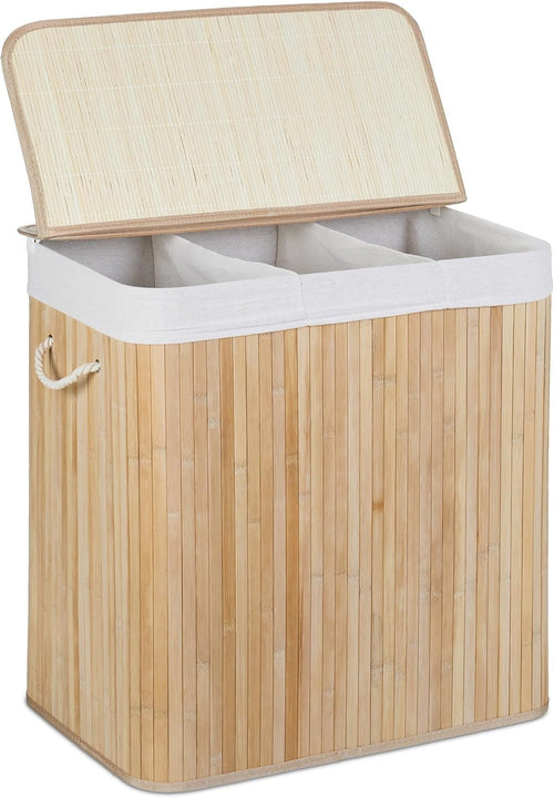 Natural Bamboo Laundry Basket 3-Compartment Sorter with Lid | Folding 62cm Hampe