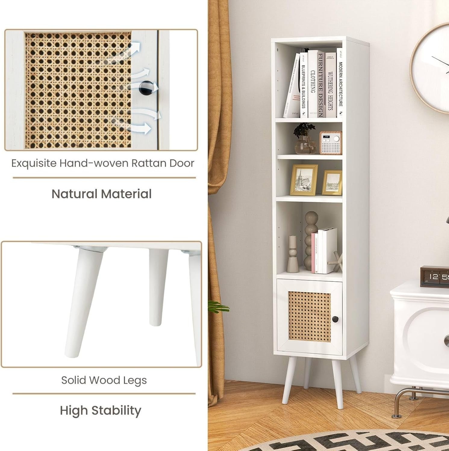 Slim Tall White Bookcase with Cabinet 6-Tier Adjustable Shelves Modern Storage