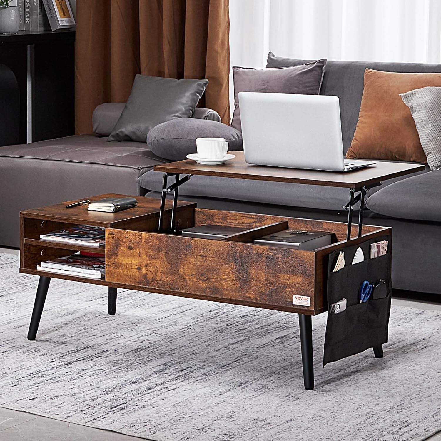 Lift Top Coffee Table with Storage, Pop Up Table 100cm for Small Spaces