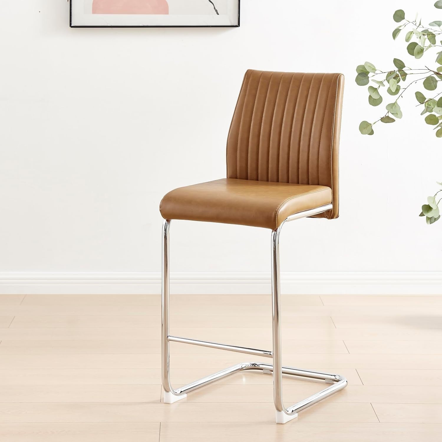 Modern Tan Bar Stools Set of 2 – Faux Leather Cantilever Chairs