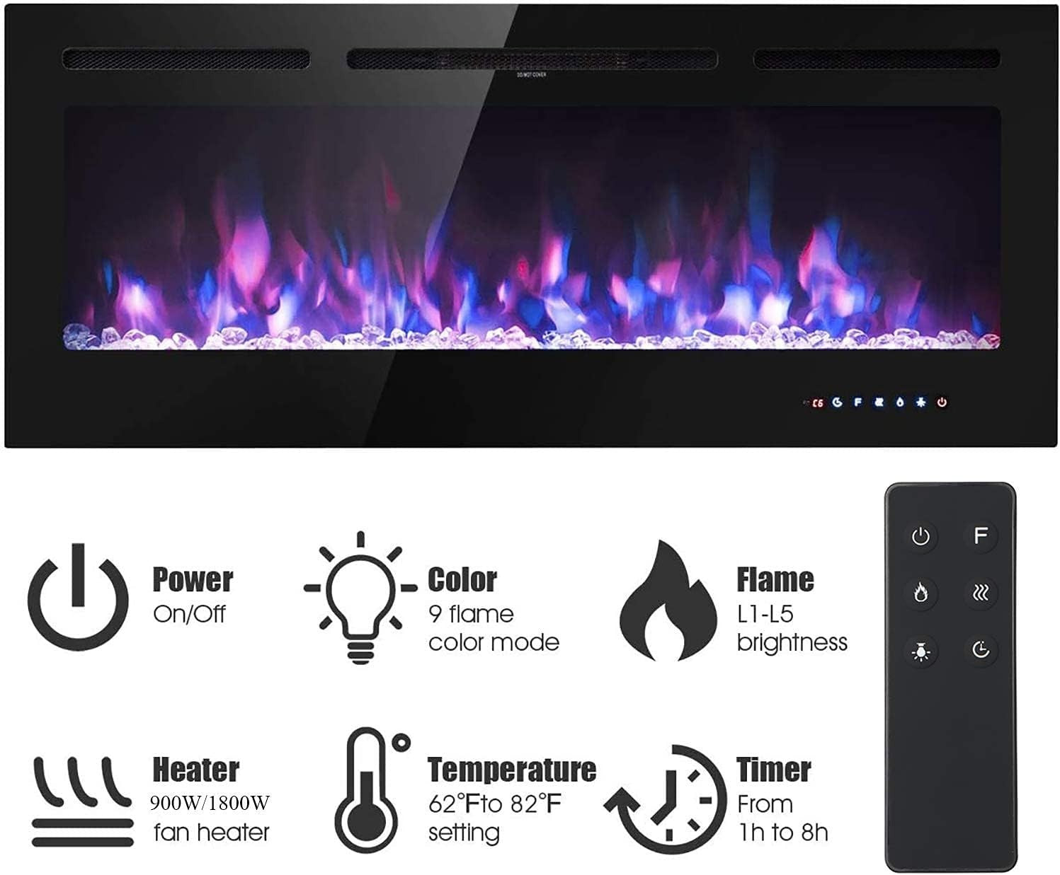 Wall Mounted Electric Fireplace 1800W Touch Remote LED Flame Adjustable