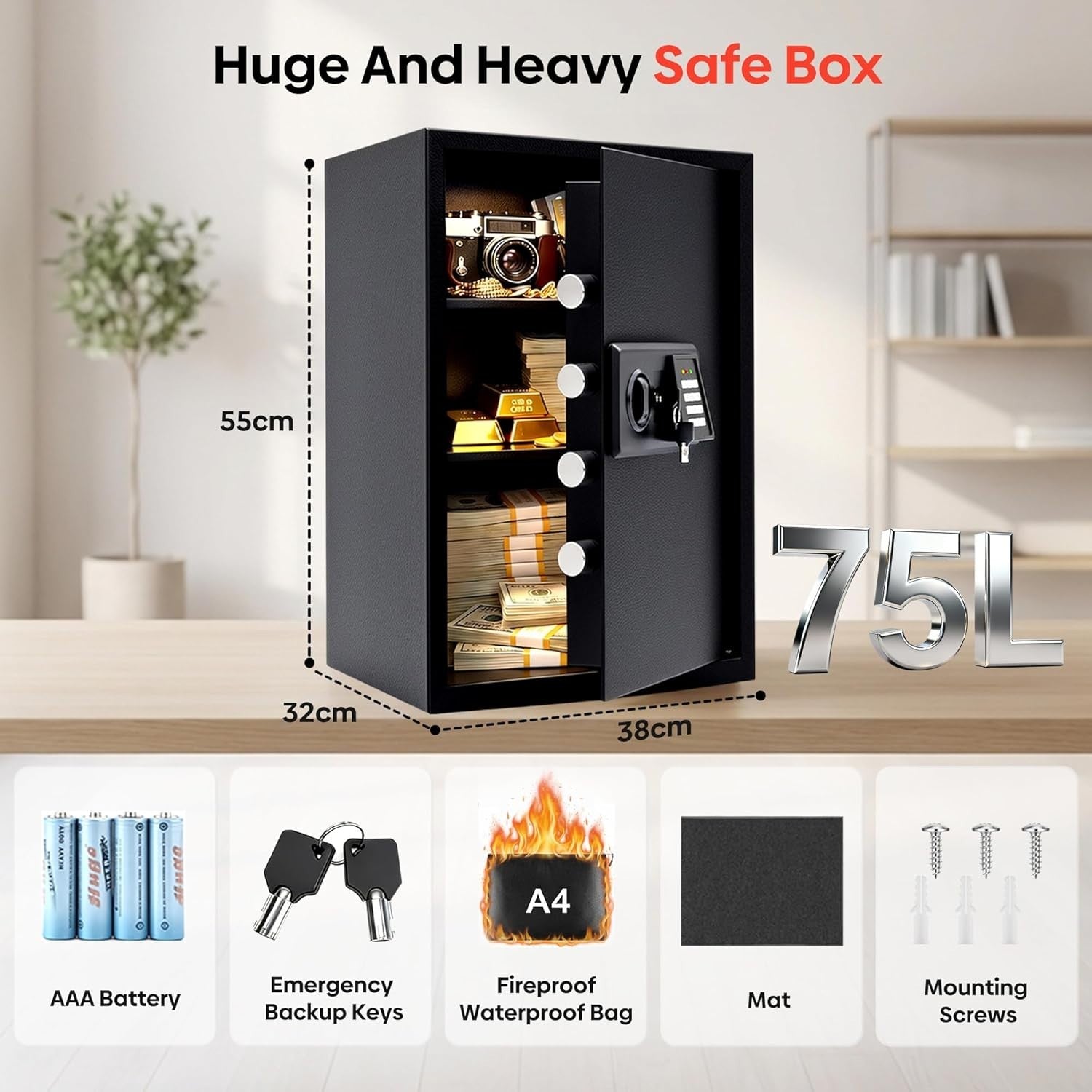 75L Fireproof Safe Box Digital Keypad Lock Home Office Security Safe