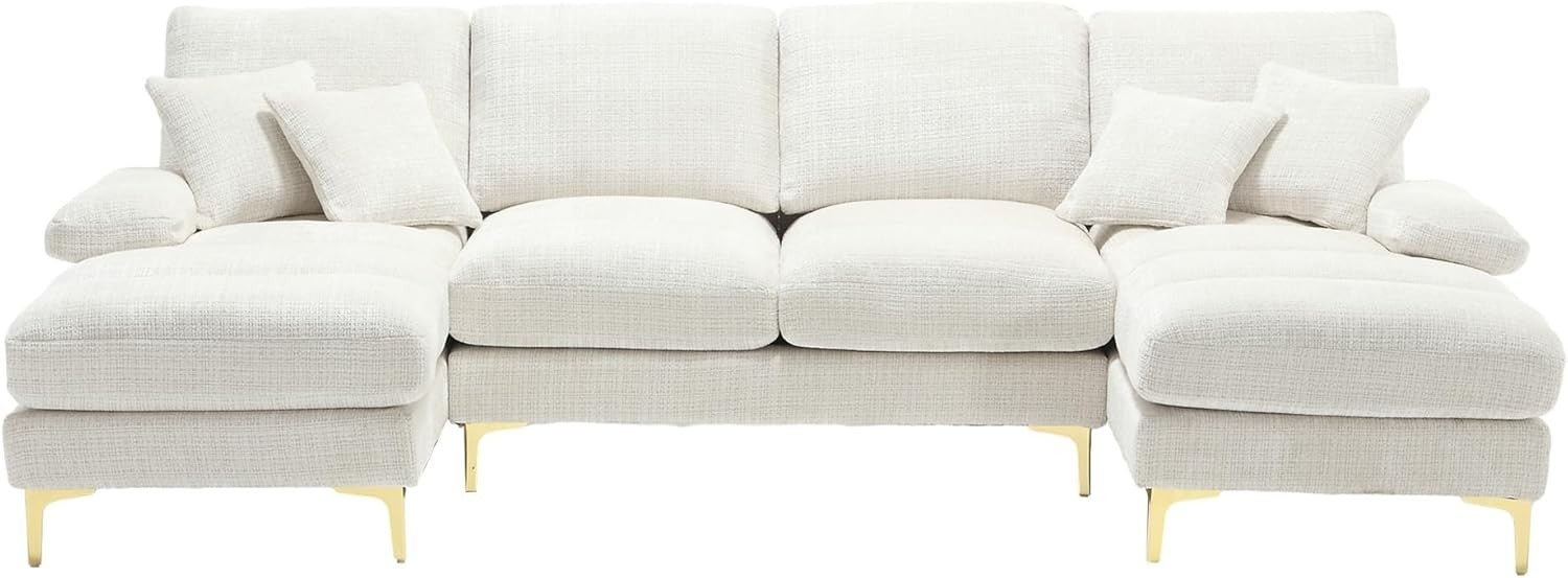 4 Seater U-Shaped Sofa Beige Chenille Sectional with 2 Chaise Modern Living Room