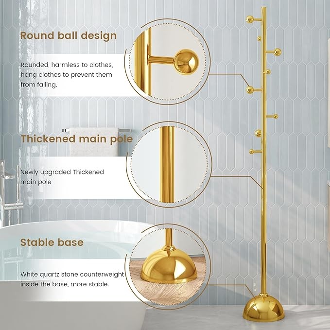 Gold Freestanding Metal Coat Rack | 8 Hooks Modern Floor Stand with Weighted
