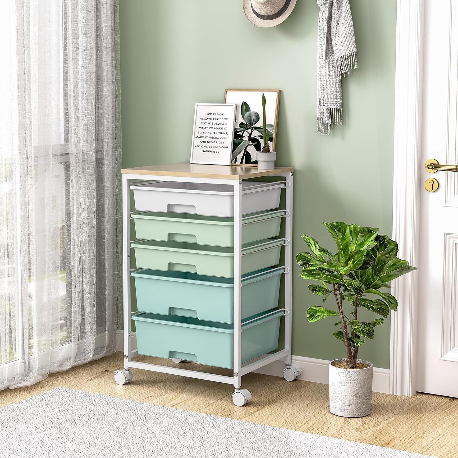 5 Drawer Rolling Storage Trolley Cart with Wheels Utility Organizer Green