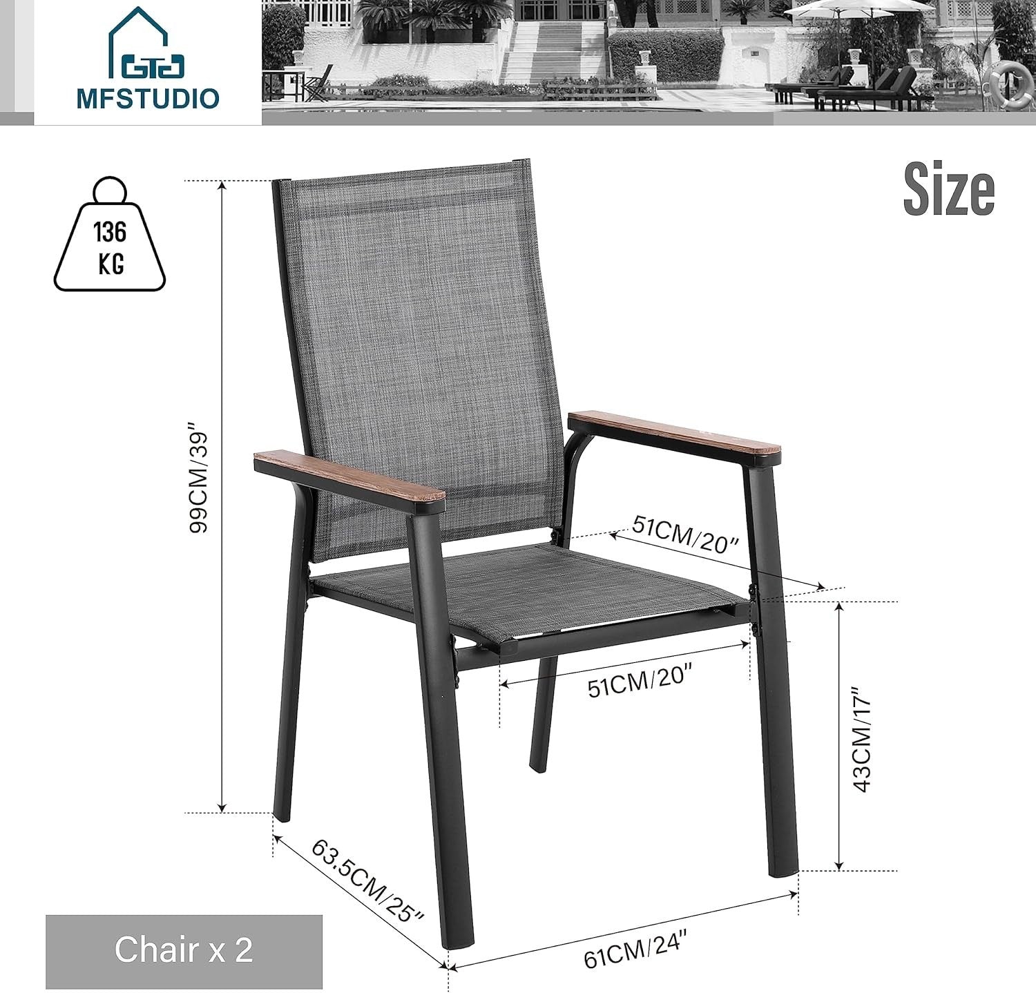 4 Pack Aluminium Patio Dining Chairs Stackable Textilene Garden Seats Grey