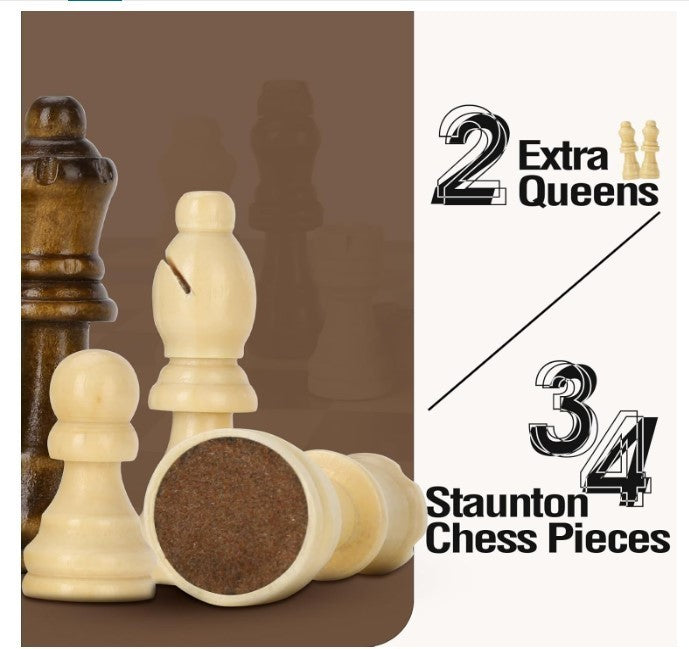 Luxury Wooden Magnetic Chess Set | 30x30cm Folding Board with Extra Queens
