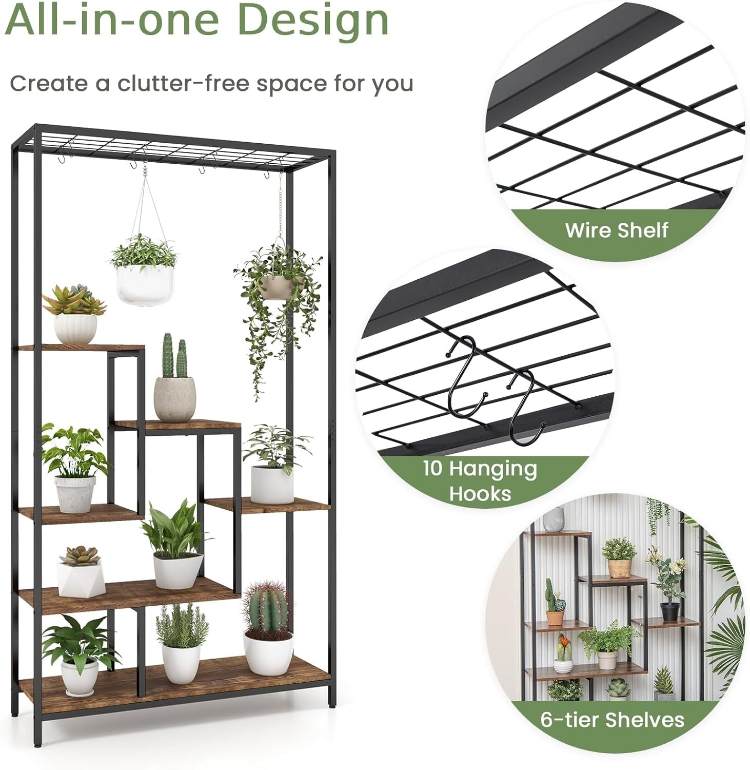 6 Tier Metal Plant Stand Rustic Brown Tall Flower Shelf with Hooks for Indoor De