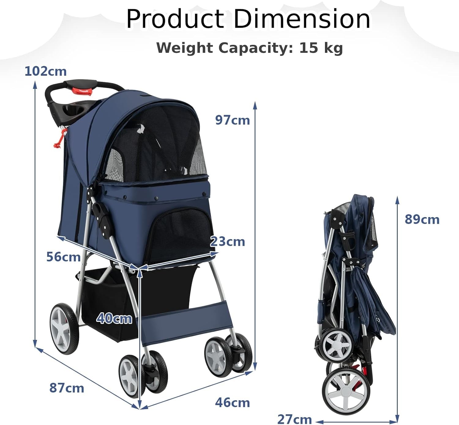 Pet Stroller Foldable Dog Cat Pushchair 4 Wheels Small Medium Pets 15kg
