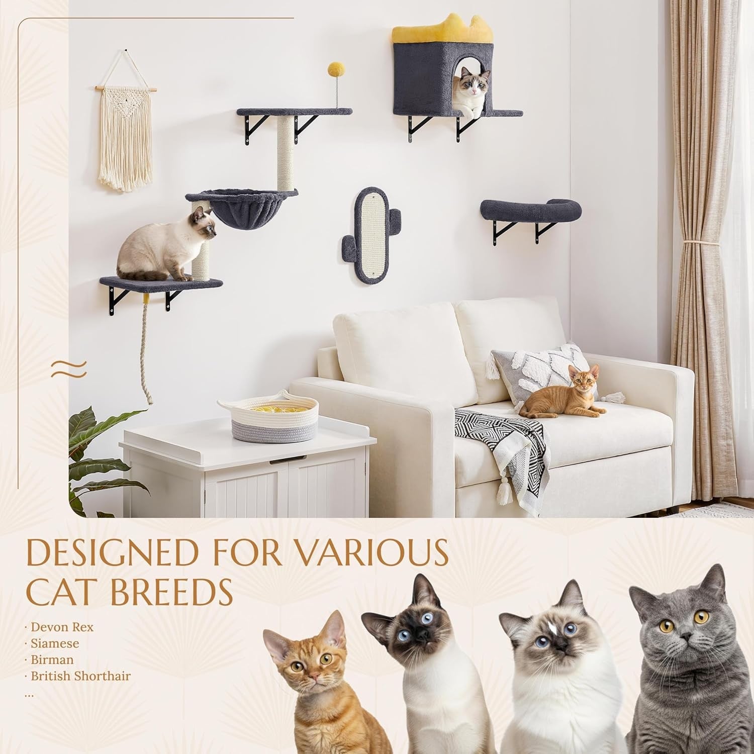 Wall Mounted Cat Shelves Climbing Set with Scratching Posts Perches Dark Grey