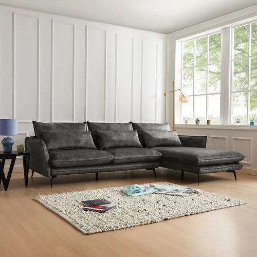 Right Hand Corner Sofa Grey Velvet – 4 Seater Chaise Lounge with Metal Legs