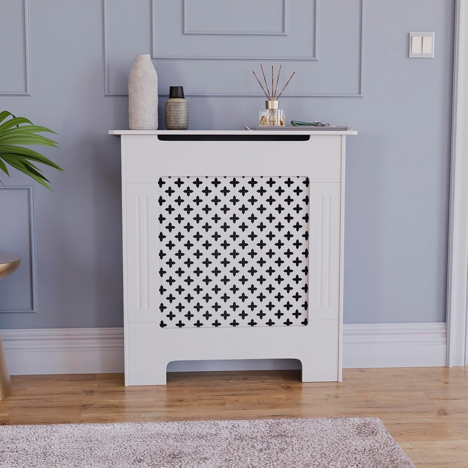 Small White Radiator Cover 82x78x19cm Cross Pattern MDF Modern Heating Cabinet