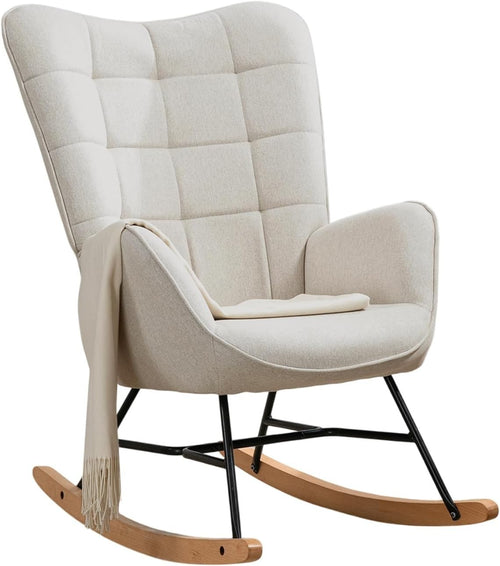Beige Rocking Chair for Nursery w/ High Back, Comfy Fabric & Metal Legs
