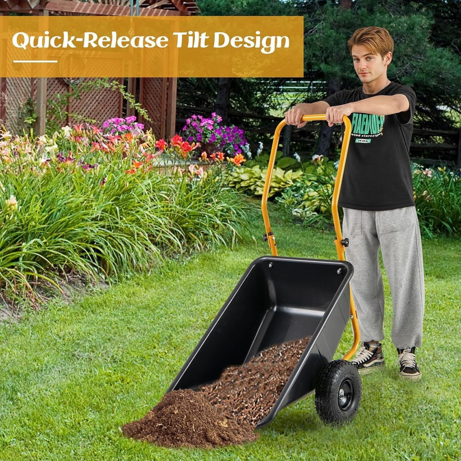 80L 2-Wheel Garden Wheelbarrow Black – Foldable Handle w/ Pneumatic Tyres 100kg