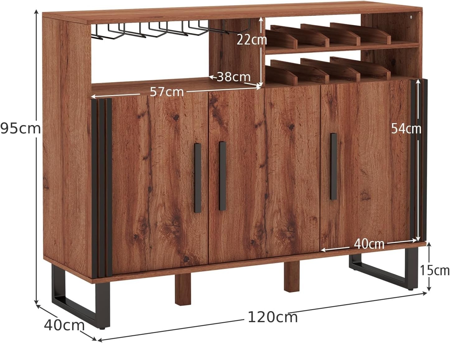 Large Wooden Wine Bar Sideboard Cabinet with Wine Rack & Glass Holder, Rustic