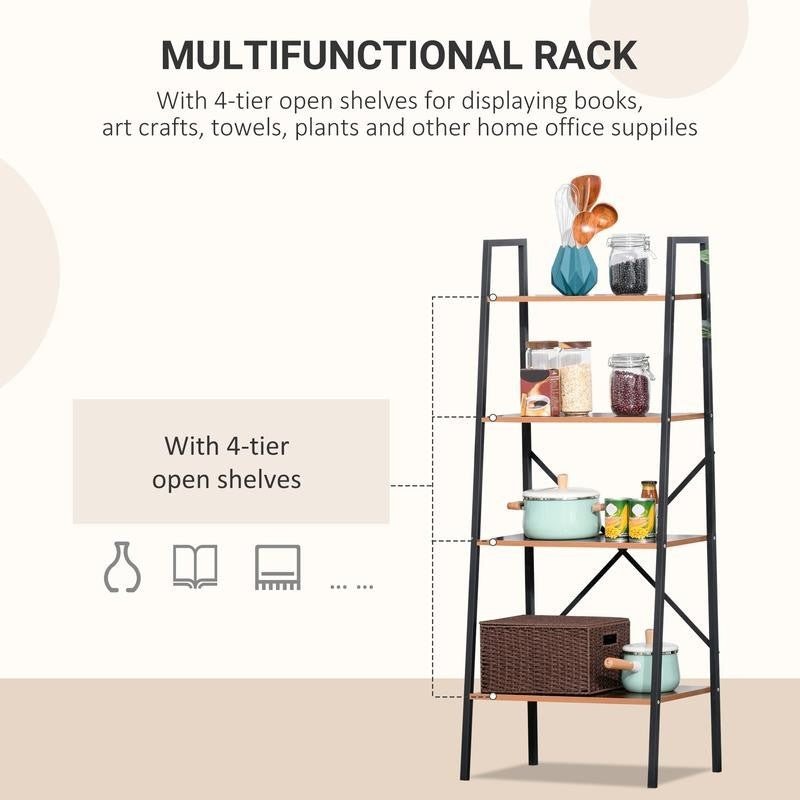 4-Tier Ladder Shelf Bookcase – Industrial Storage Rack in Black & Brown