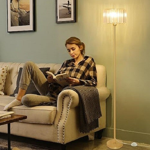 Gold Crystal Floor Lamp Glass Shade Tall Standing Light Living Room Bedroom