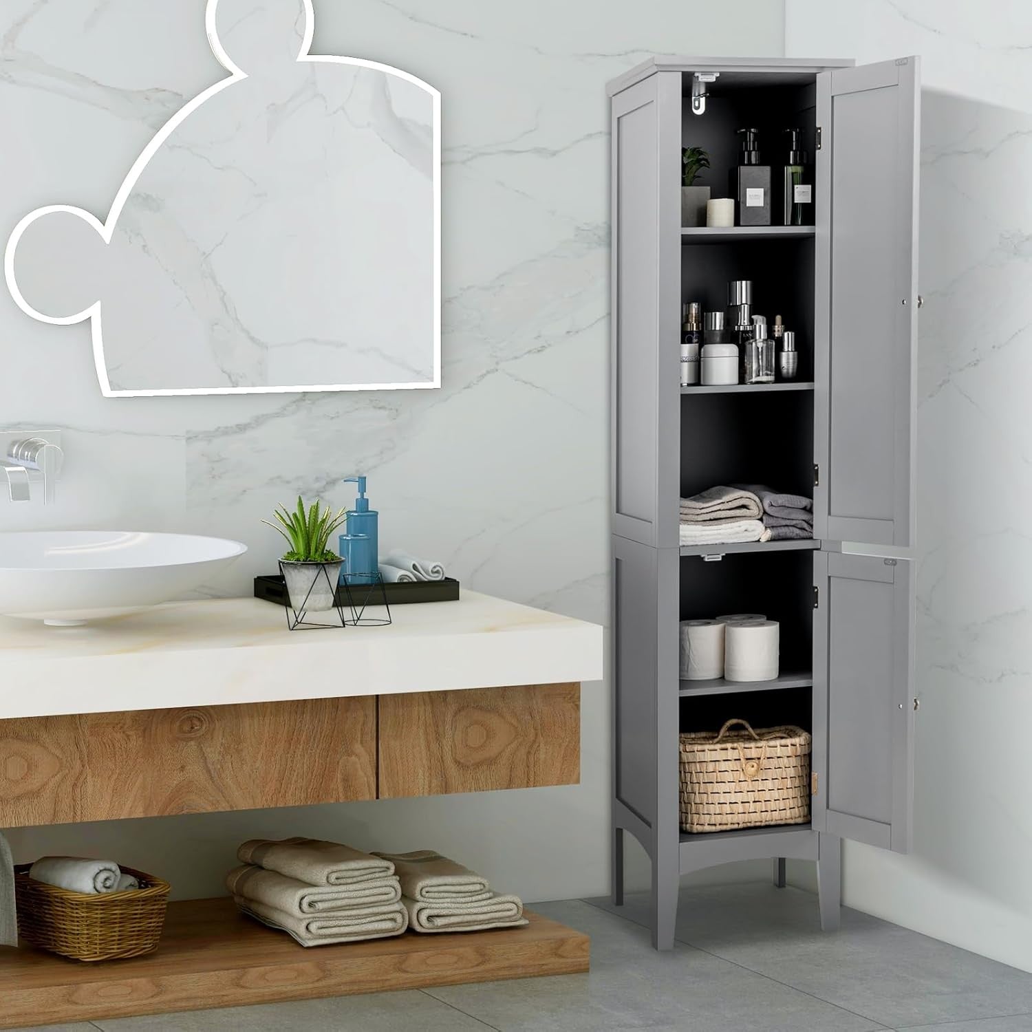 Grey Tall Bathroom Cabinet with 5 Shelves & 2 Doors Slim Storage Unit