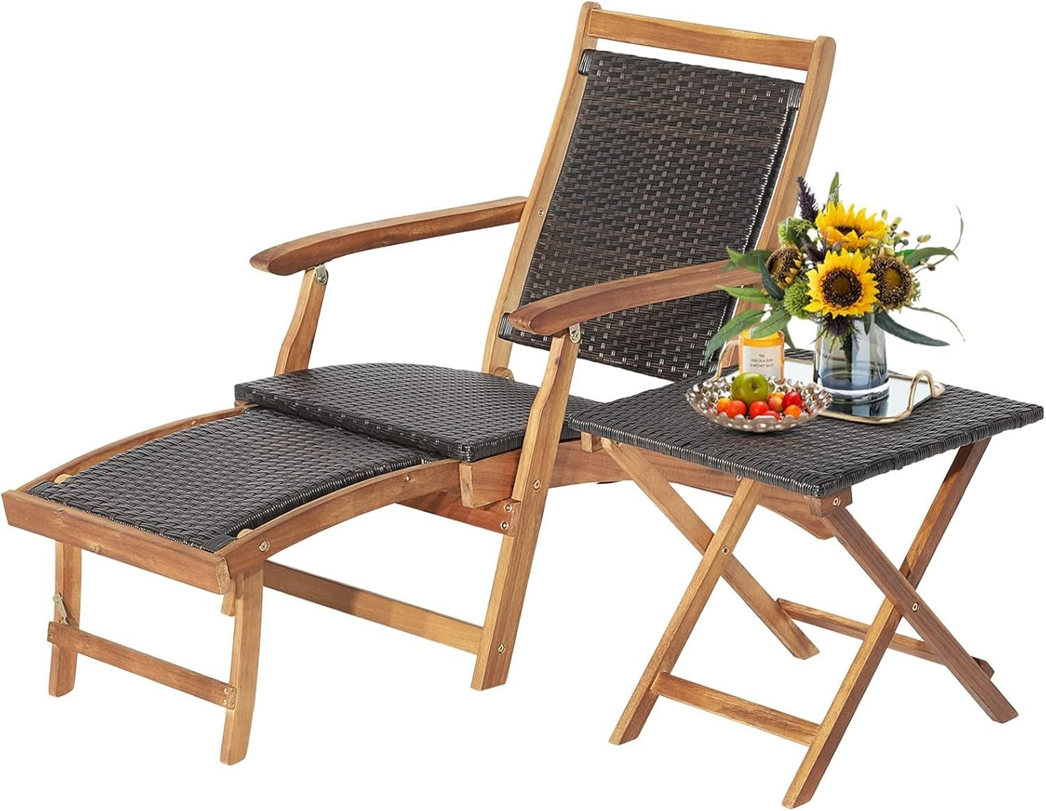 Outdoor Rattan Sun Lounger Recliner with Retractable Ottoman & Side Table