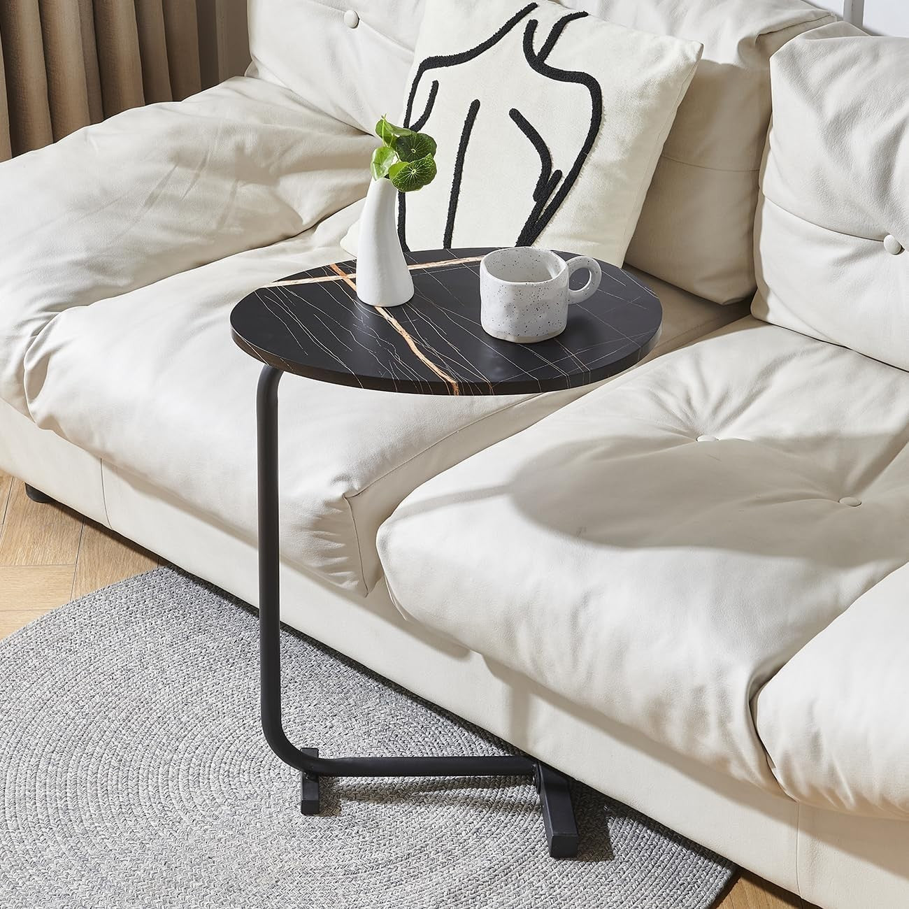 Water-Drop Black Marble C-Shaped Side Table Compact Sofa End Table with Storage