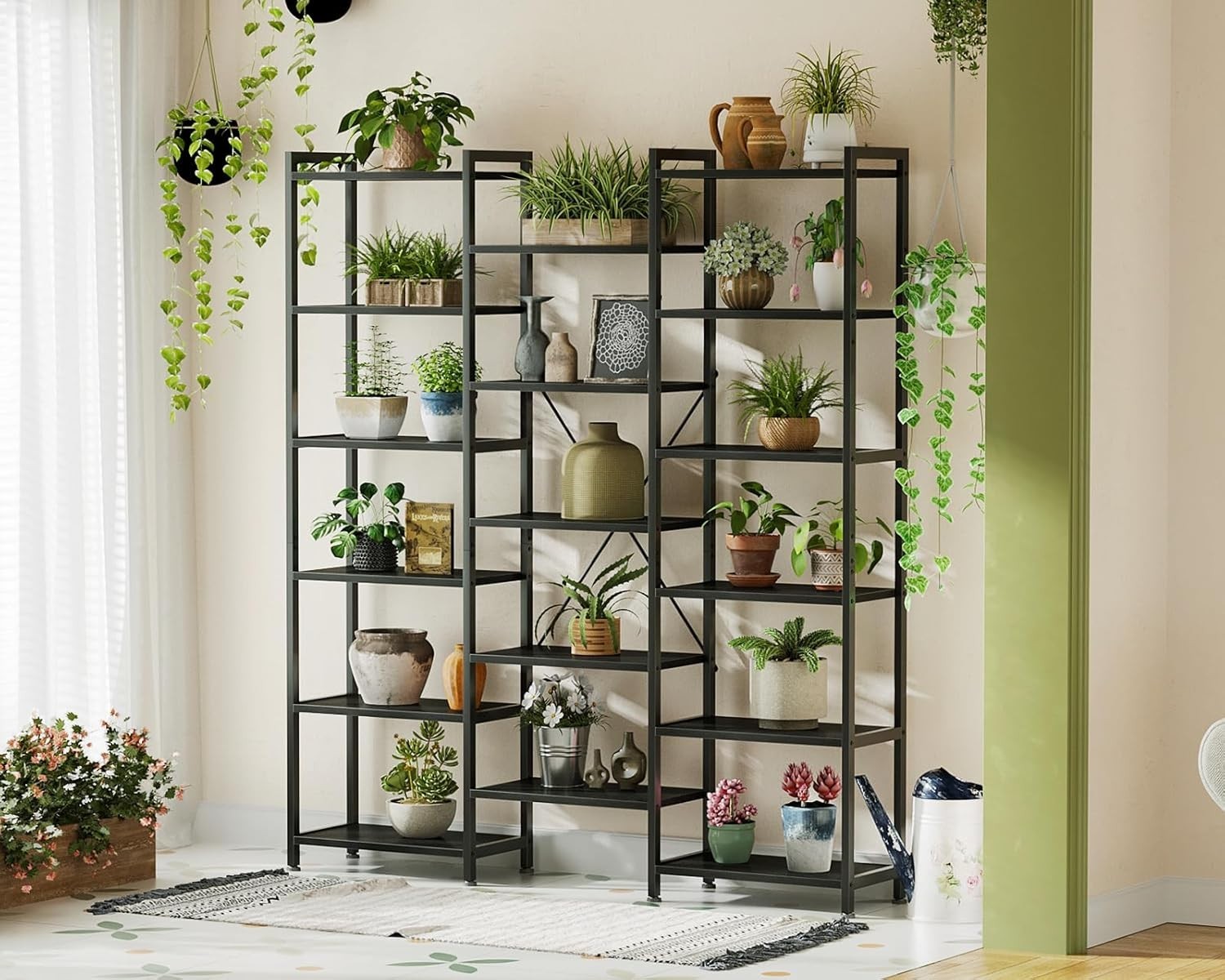 6 Tier Triple Bookshelf Industrial 14 Shelf Wide Bookcase Black