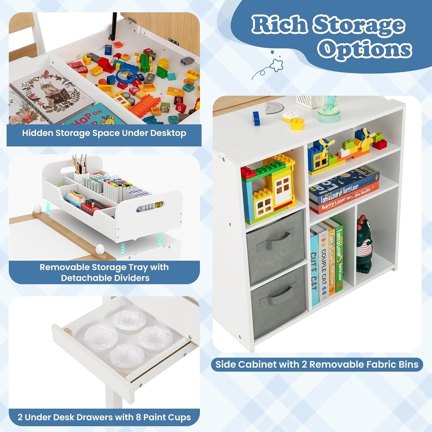 Kids Wooden Art Table and Chairs Set w/ Flip Top Easel Paper Roll Storage White