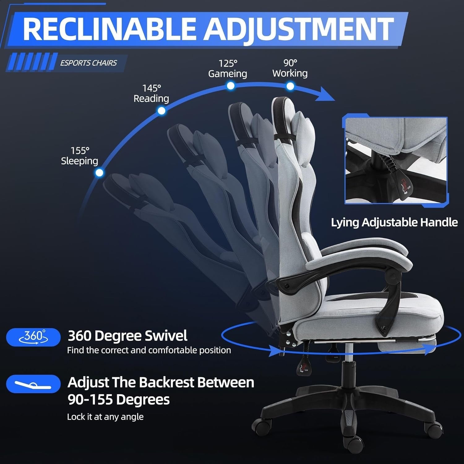 Ergonomic Black Gaming Chair Massage Lumbar Support Adjustable Reclining Footres