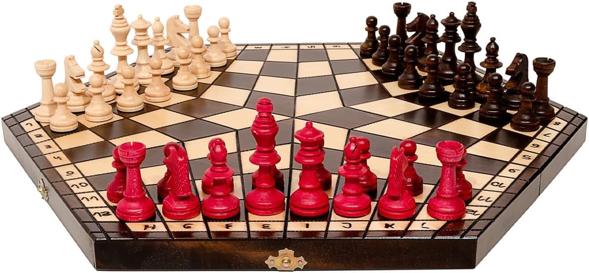 XL 3-Player Wooden Chess Set 54×47cm Handcrafted Board Travel Table Game