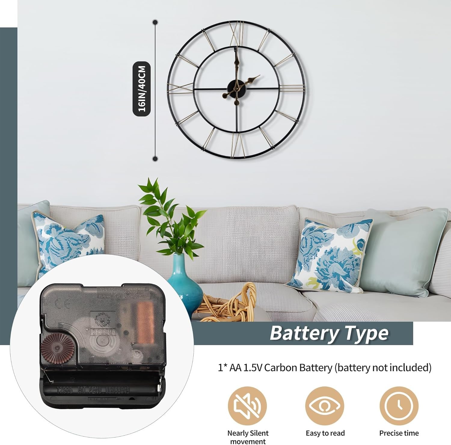 Modern 40cm Metal Wall Clock Silent Roman Numeral Skeleton Home Decor