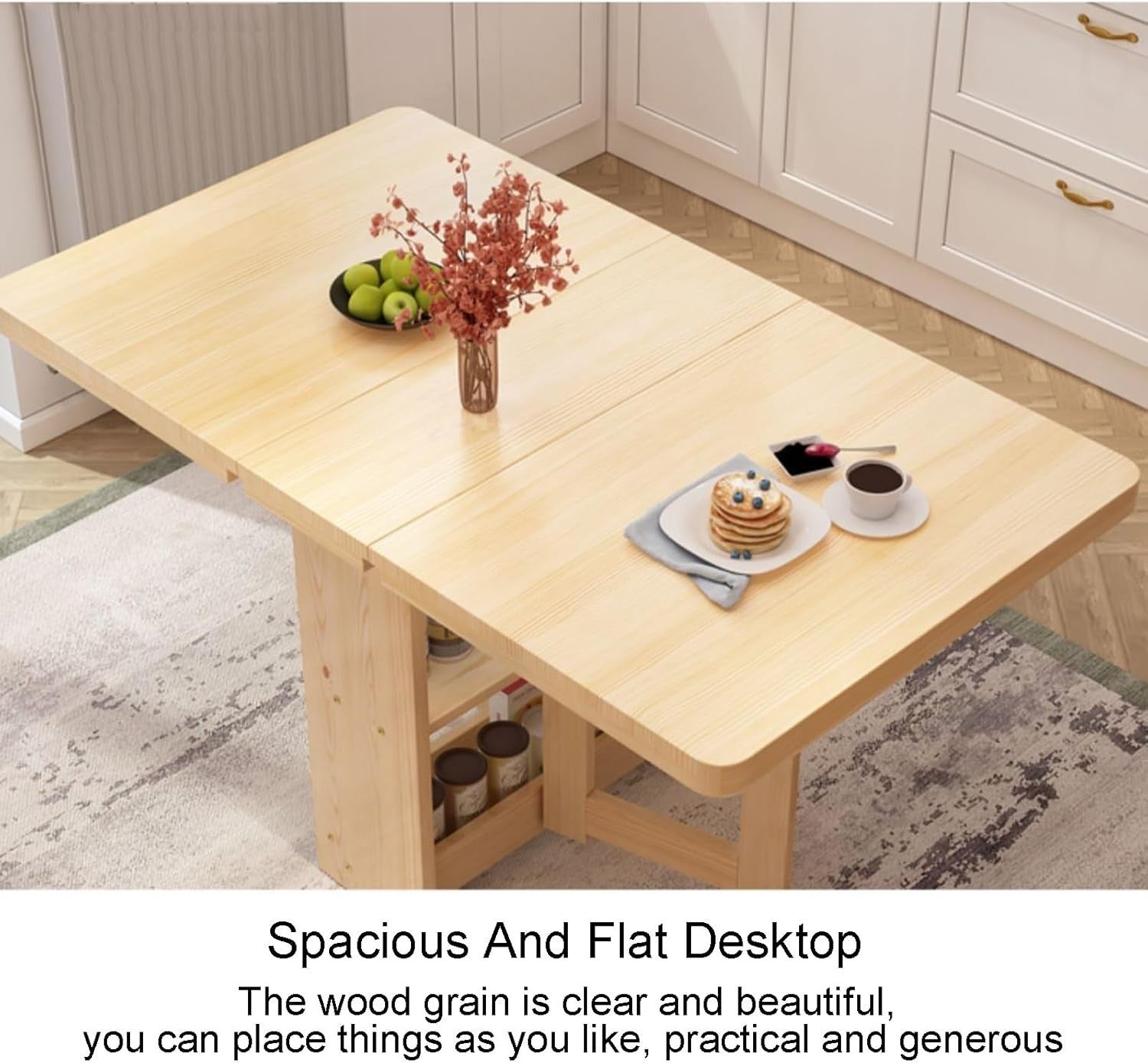 Space Saving Drop Leaf Wooden Table with Storage Shelves Foldable Design