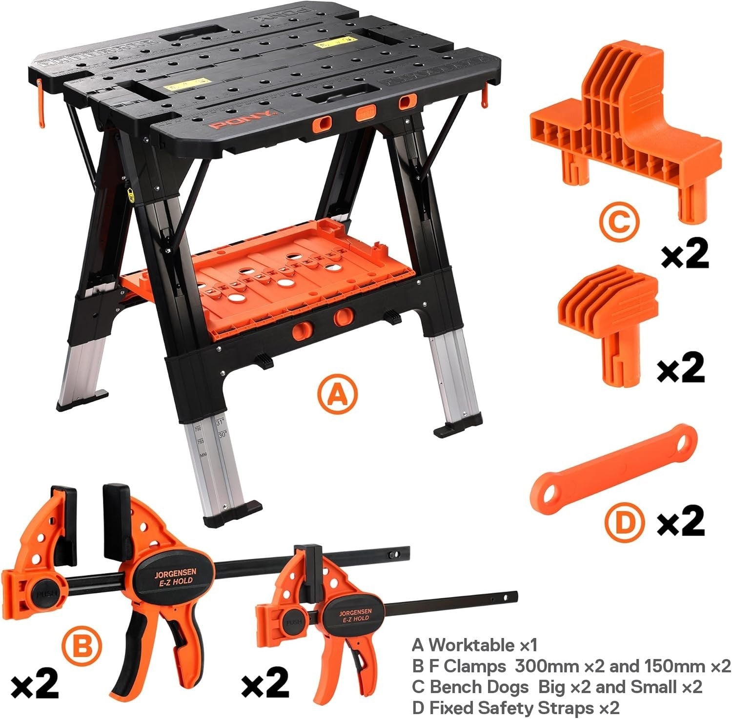 2-in-1 Folding Workbench & Sawhorse 454kg Load 6-Height Table with Clamps