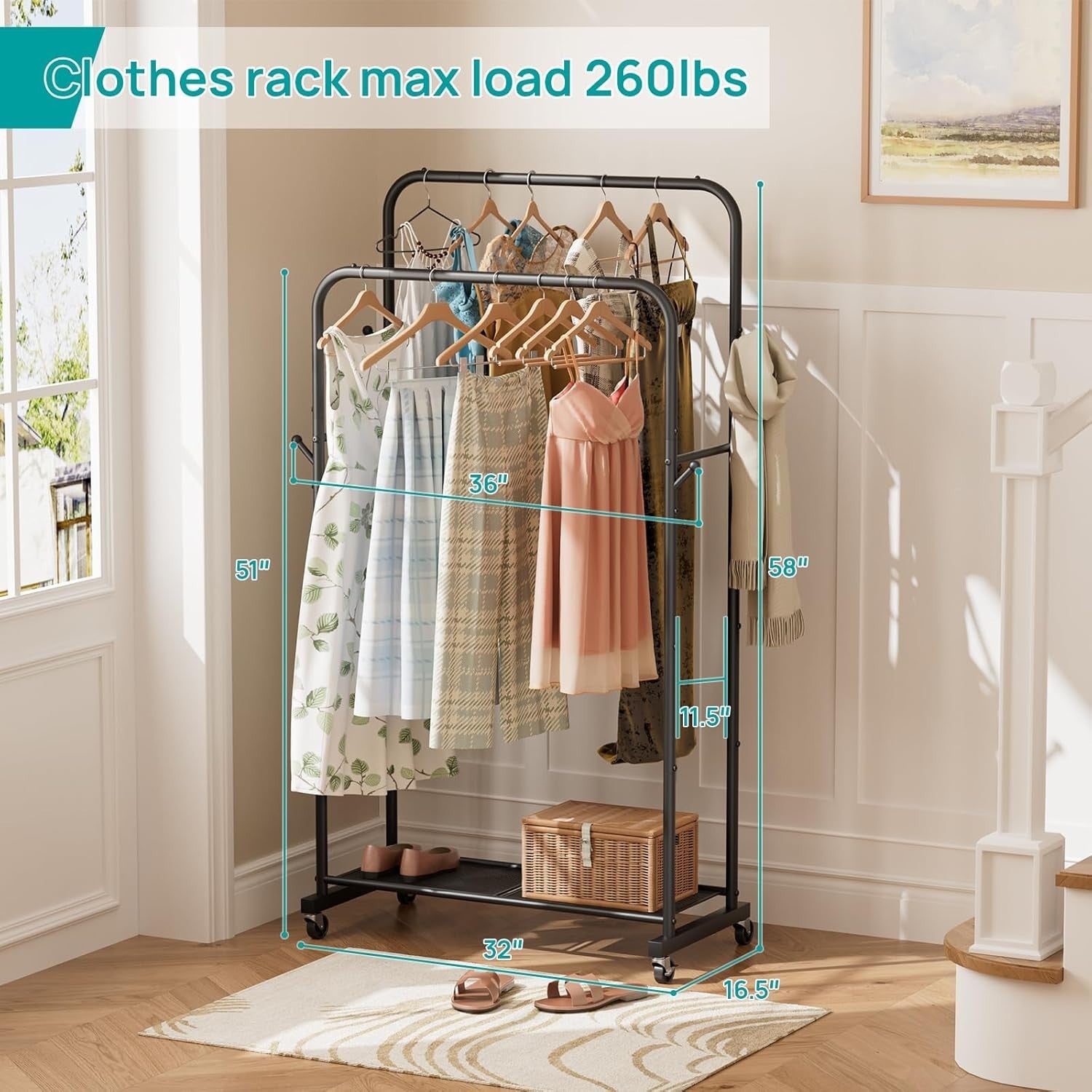 Heavy Duty Clothes Rail with Wheels & Shelf – Black 43×91×145cm