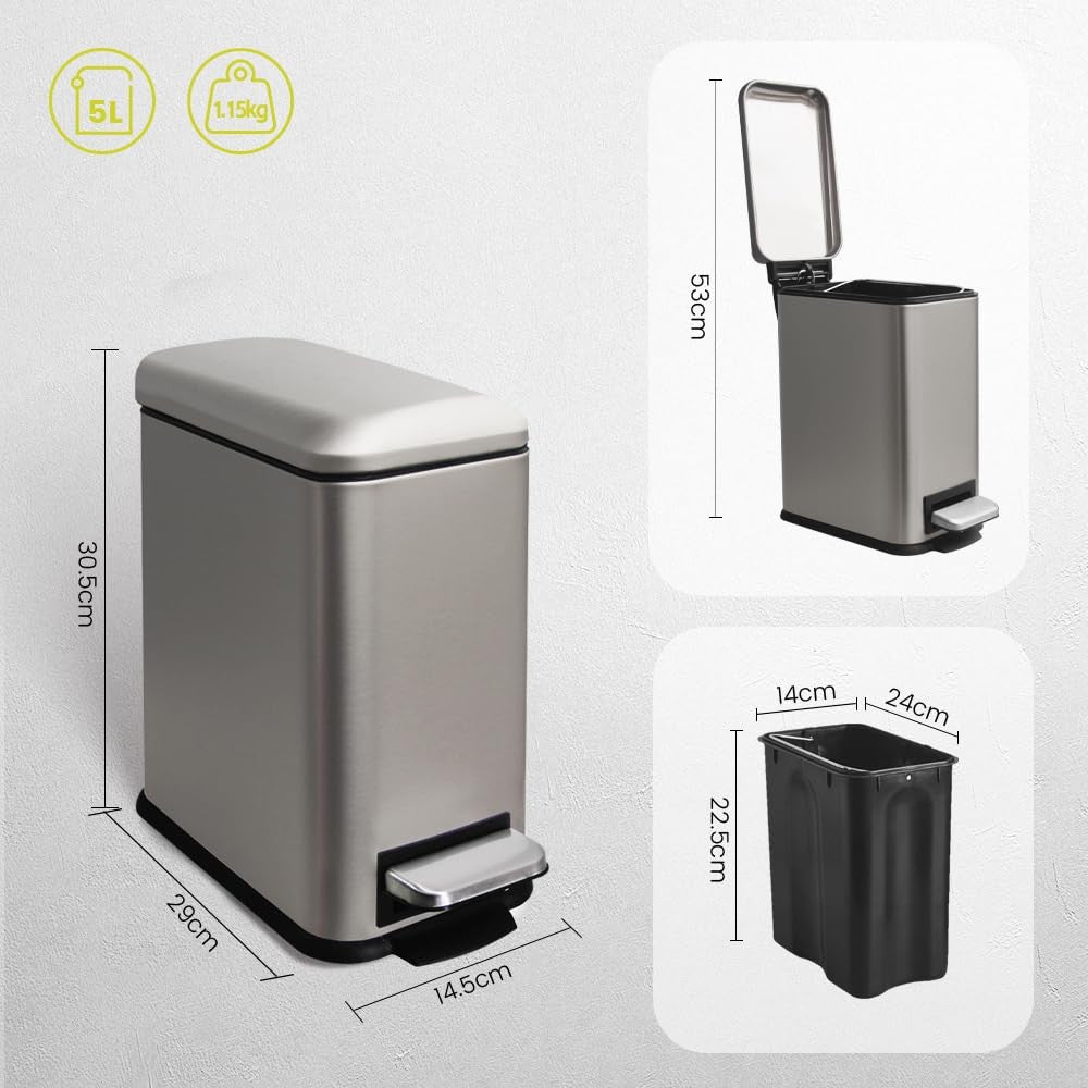 5L Bathroom Pedal Bin Soft Close Stainless Steel Grey