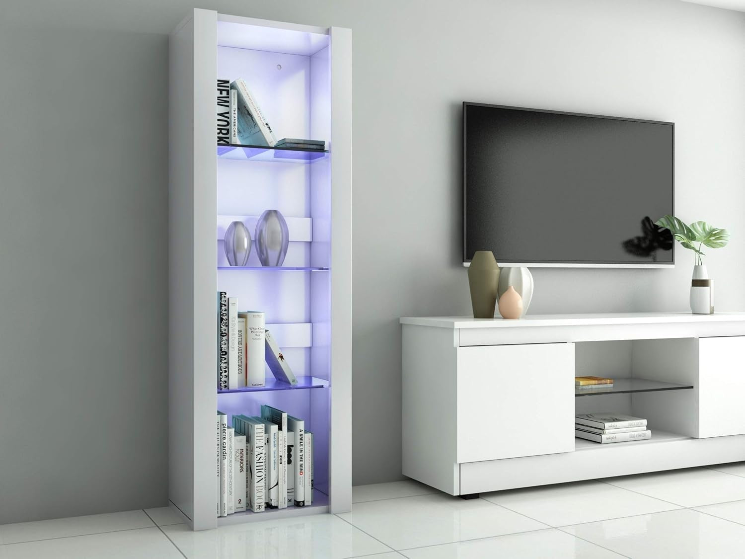 Tall Display Cabinet RGB Glass Shelves White Unit 165cm Cupboard Storage