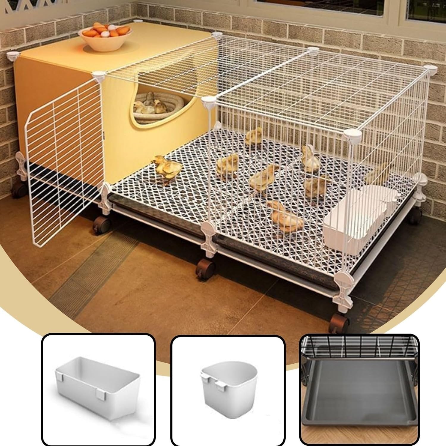 Mobile Chicken Coop with Wheels Iron Mesh Run Tray
