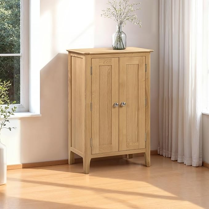 Solid Oak Shoe Storage Cabinet with Double Doors 94cm Hallway Cupboard Unit