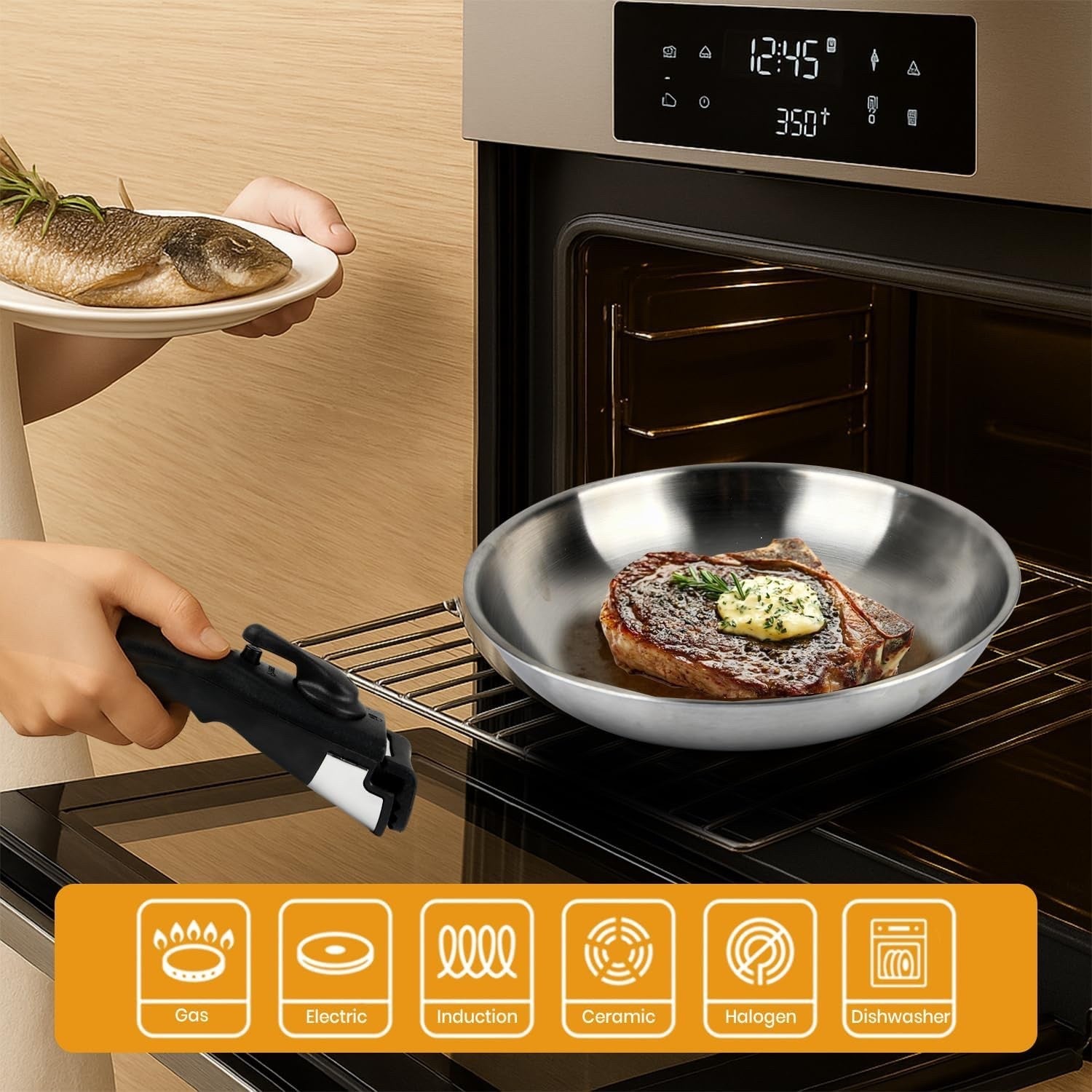 Stainless Steel Frying Pan 24cm Detachable Handle Induction Oven Dishwasher Safe