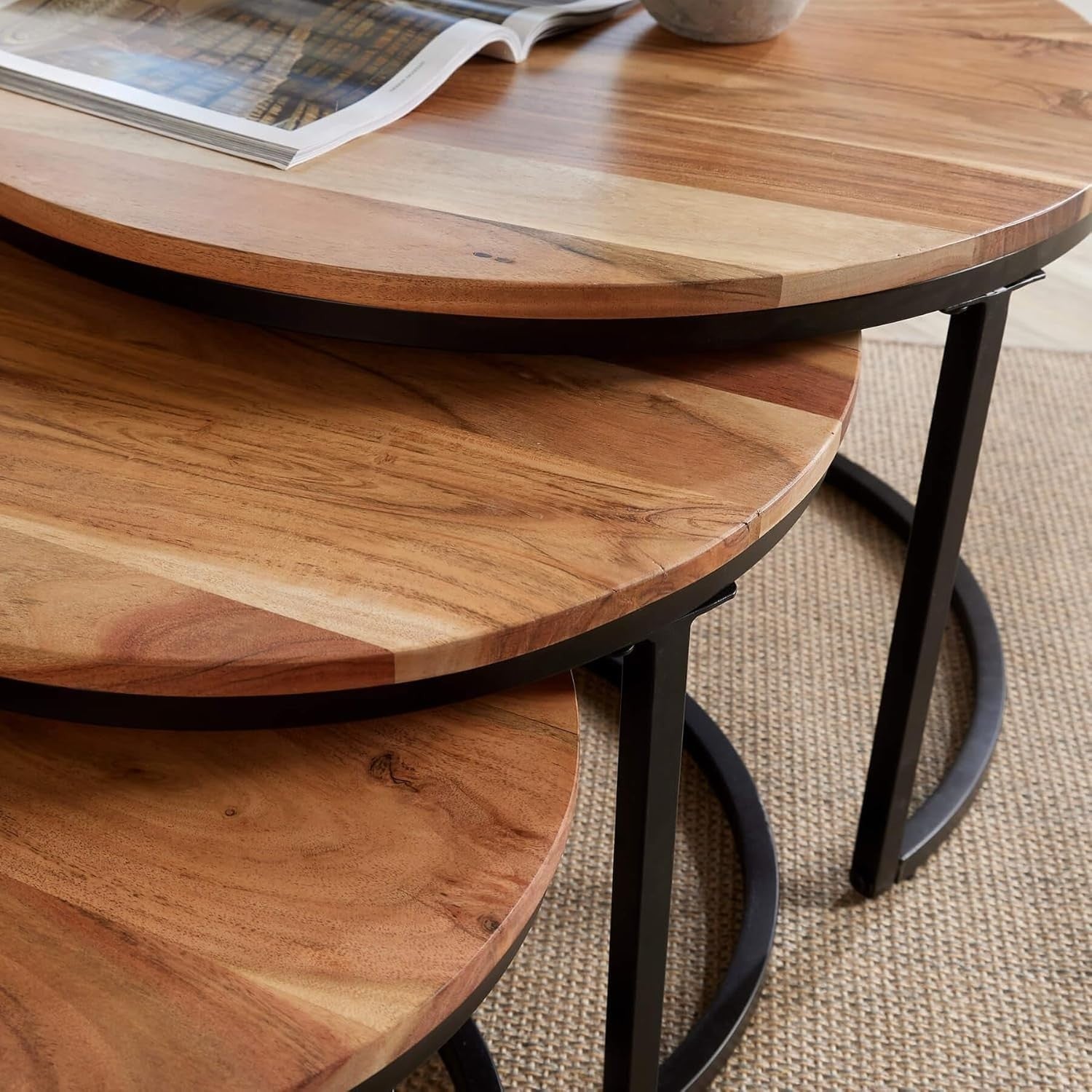 Nest of Tables 3PC Coffee Side End Round Industrial Wood Metal Living Room