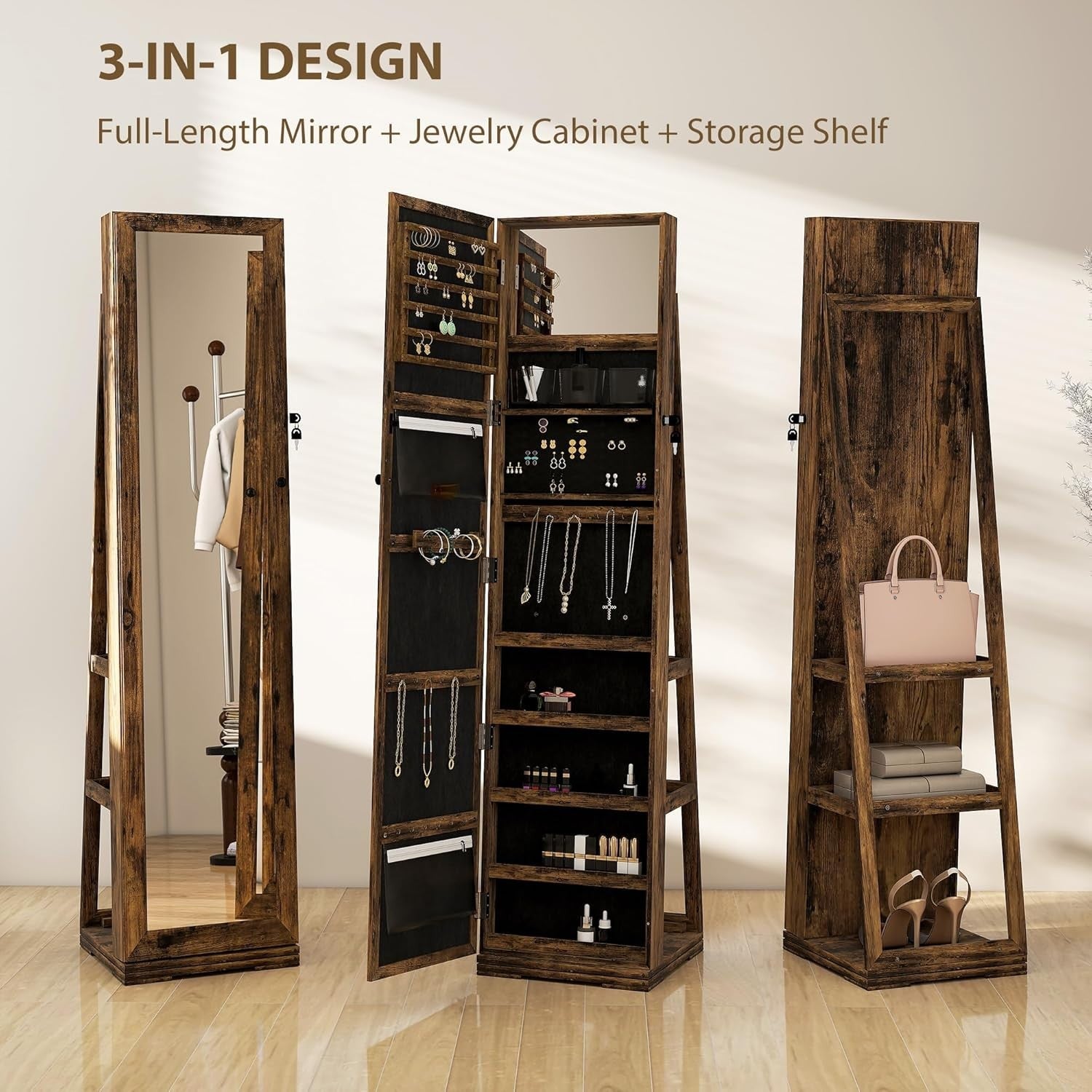 360° Swivel Jewelry Cabinet Lockable Full Length Mirror Storage Rustic