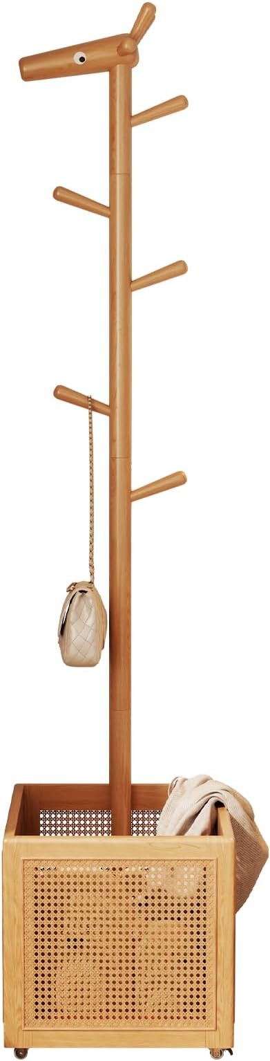 Wood Coat Rack with Storage Basket | 5 Hooks Freestanding Hall Tree Stand