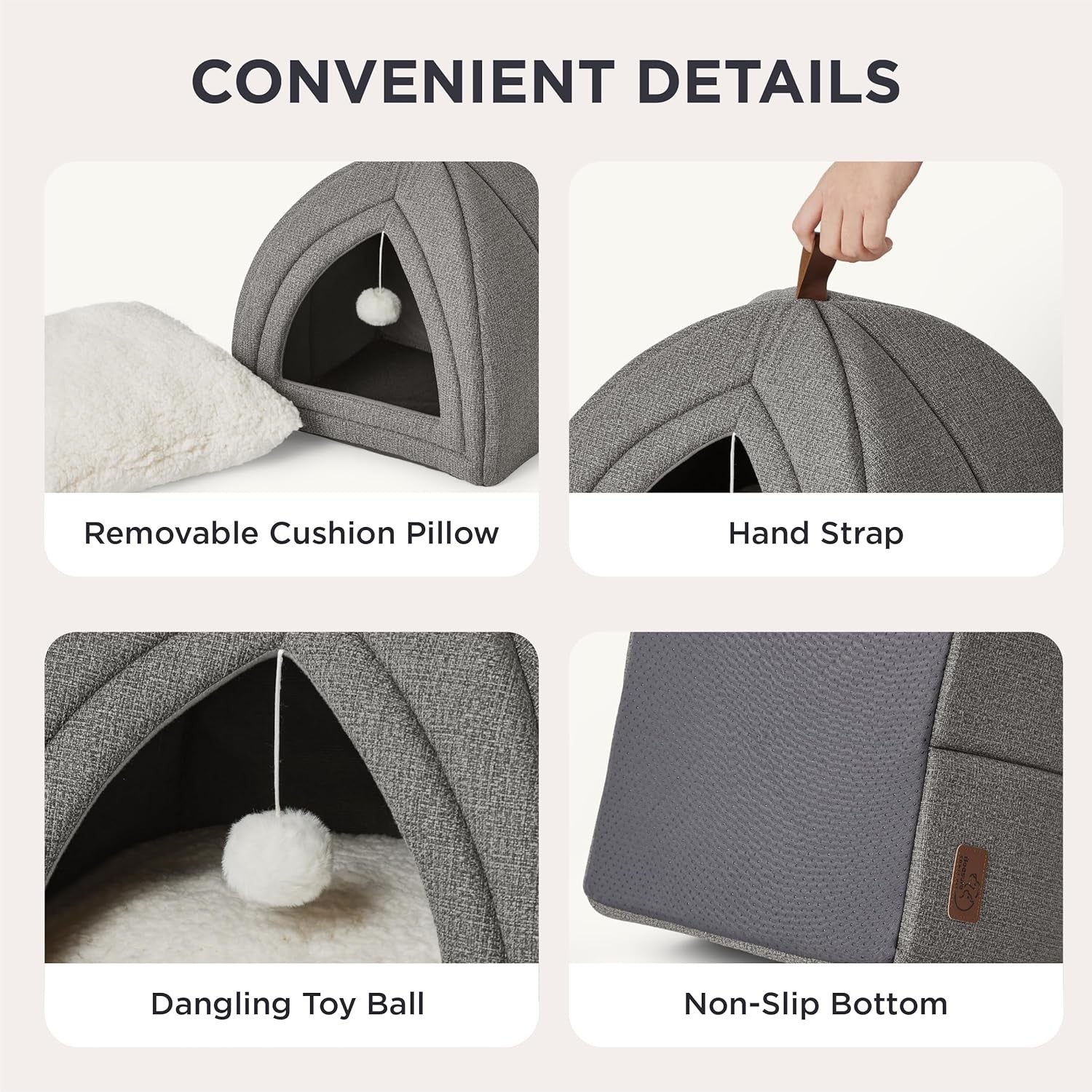 44cm Cat Igloo Tent Bed Foldable Washable Cushion Grey